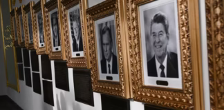 Trump’s Presidential Walk of Fame Rewrites History in His Own Voice Portraits-with-new-plaques-of-explanatory-text-are-seen-on-the-Presidential-Walk-of-Fame-on-the-Colonnade-of-the-White-House