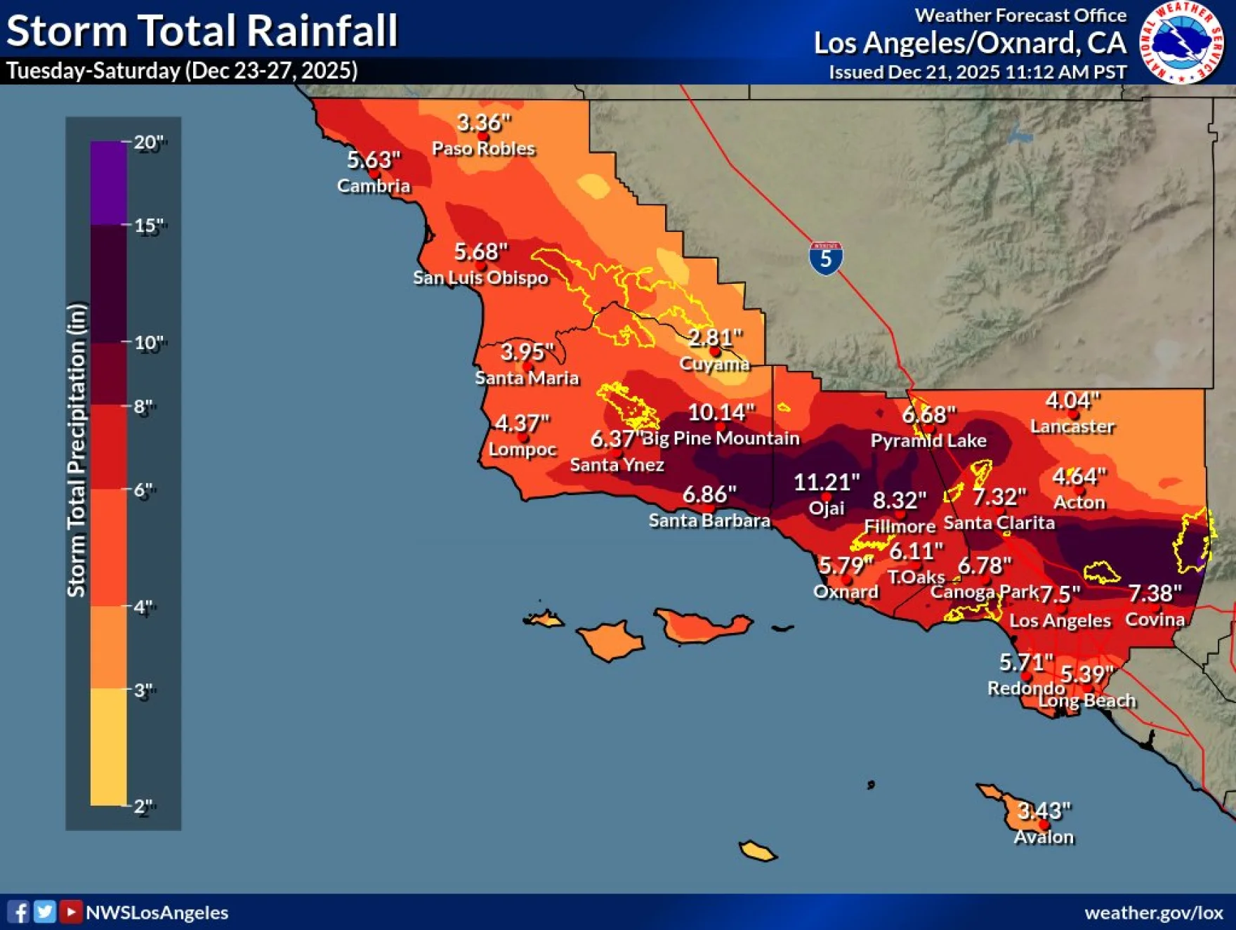 By Saturday evening, the National Weather Service said rainfall totals will range from 4 to 8 inches for coastal and valley areas